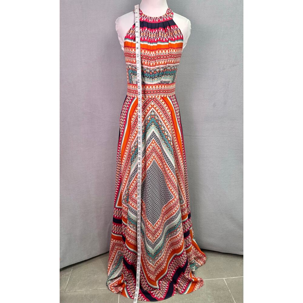 Eliza J Scarf Print Crepe De Chine Maxi Dress Keyhole Tie Pleated Boho Size 4 - Picture 10 of 13